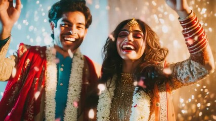 A newly married couple in traditional Indian attire, celebrating their wedding with joy and festivity.