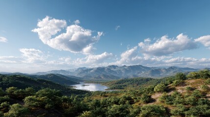 Obraz premium Rolling Hills and Serene Lake: Capture the essence of the landscape, vast valleys, a calm lake and rolling hills under a vibrant blue sky, fluffy clouds drift lazily, inviting tranquility.