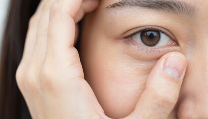 Asian woman shows dark undereye circles, symptom of sleep deprivation, worry. Tired appearance reflects stress, sleeplessness, emotional strain, impacting life. Visible undereye bag signifies anxiety.