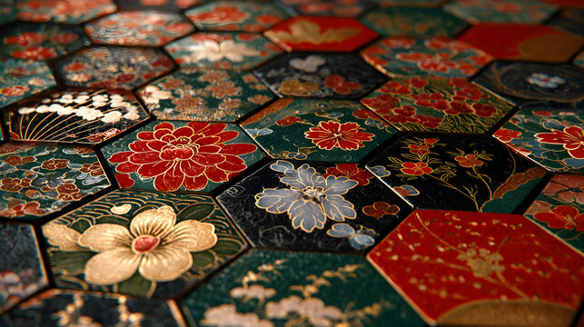 Traditional Hanafuda Hex Tile Pattern: A Floral Tapestry in Bold Hues