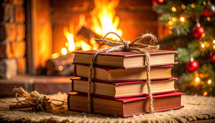 Cozy scene featuring stack of wrapped books tied with twine, placed rustic mat near warm fireplace. ambiance is festive with decorated Christmas tree background, evoking sense of holiday cheer