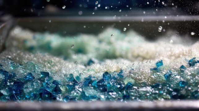 Recycled pet plastic flakes undergoing degassing process, removing impurities through agitation with gas bubbles rising and breaking at solution surface