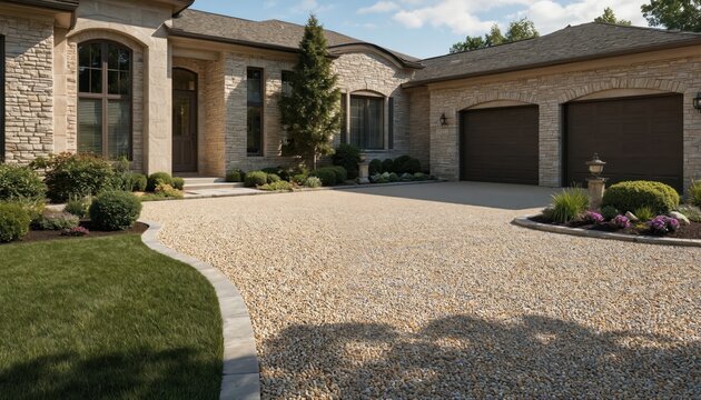 Modern home features resin-bound pebble driveway leading to stone-clad house with double garage. Landscaping includes manicured lawns and decorative shrubs, creating inviting property entrance. - Powered by Adobe