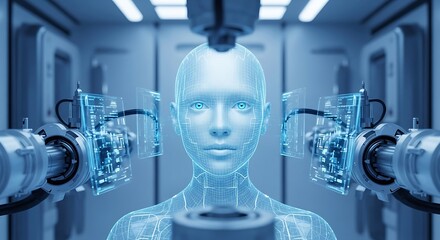 Futuristic rendering of a human head with holographic displays and robotic arm.