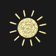 Cute Yellow Hand Drawn Sun Doodle Icon on Black Background