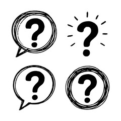 Hand Drawn Question Mark Icons Set with Speech Bubbles and Grunge Circles