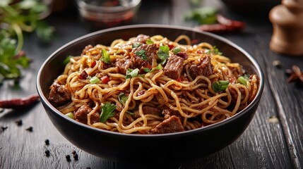 Beef and noodle dish in a dark bowl.