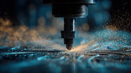Precision cnc router cutting metal with 5d bit, generating swirling carbon magnesium dust and sparks during intensive machining process