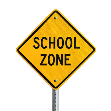 A yellow diamond-shaped school zone sign isolated on a transparent background.