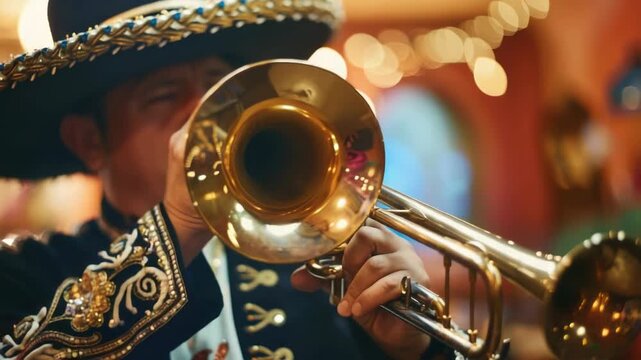 Musician playing trumpet in mariachi band outfit.