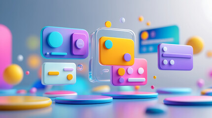 Floating abstract UI elements in pastel colors, arranged on round platforms, creating a modern and playful design.