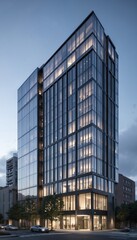 Fototapeta premium Modern office building features sleek glass facades, contemporary architecture. Multiple floors with illuminated interiors suggest active business operations. Structure represents urban development,