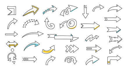 Collection of various hand drawn arrow designs and symbols for graphic elements