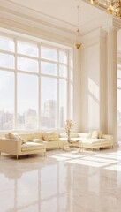 Fototapeta premium Bright elegant lobby interior with creamy sofas and glossy marble floor. Large window offers city view. Features hanging light fixture, columns, modern furniture, and plush seating area.