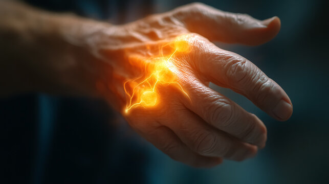 An elderly patient experiences peripheral neuropathy pain related to Guillain-Barr� Syndrome, showing numbness and muscle weakness in their hands.