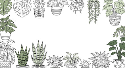 Elegant green potted plants border design with lush foliage and detailed botanical line art