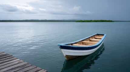 Obraz premium Serene Boat Amidst Calm Waters: A solitary boat floats gently on the still surface of the lake, under a cloudy sky, embodying tranquility.