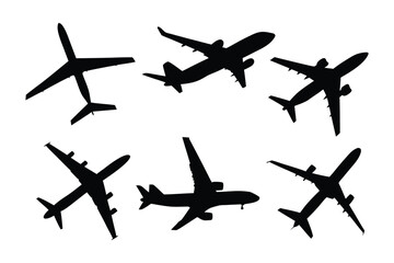 Airplanes in Silhouette: A collection of aircraft silhouettes showcasing a variety of airplane models, soaring gracefully in the boundless sky, emphasizing travel and aviation.