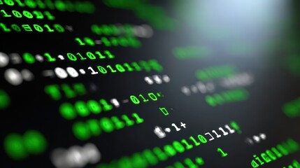 Digital Code Flow: A close-up shot of dynamic digital code streaming across a dark screen, highlighting binary digits, and data. Evoking the core of technology.
