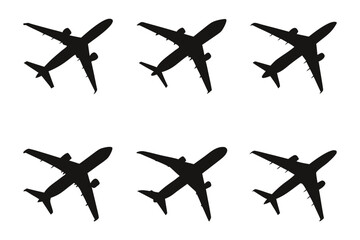 Airplanes in Silhouette: A series of six meticulously crafted aircraft silhouettes gracefully poised in a monochrome arrangement. Offering a sense of freedom, movement, and the allure of flight.