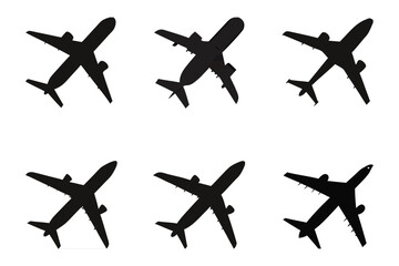 Air Travel Silhouettes: A striking composition of six airplane silhouettes in dynamic poses, ideal for travel, aviation, and design projects. Each silhouette, rendered in sleek black.