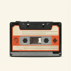 Fototapeta premium Vintage cassette tape with orange, cream label detail. Retro audio magnetic media object features analog sound recording equipment with plastic casing. Blank label area ready for custom content on
