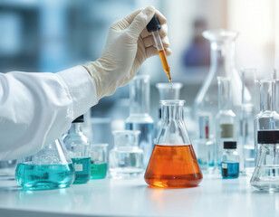 Fototapeta premium Scientist in protective glove adds orange liquid to flask using dropper in bright laboratory. Focus on pharmaceutical research, RD, drug discovery, with glassware and equipment.