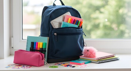A blue backpack surrounded by school supplies including notebooks and colorful markers on a white surface