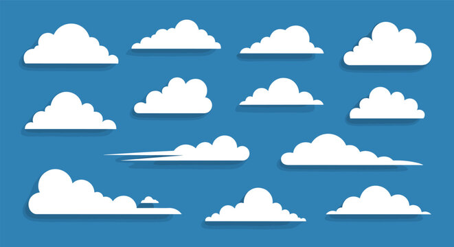 Collection of diverse cloud shapes floating in a clear blue sky background