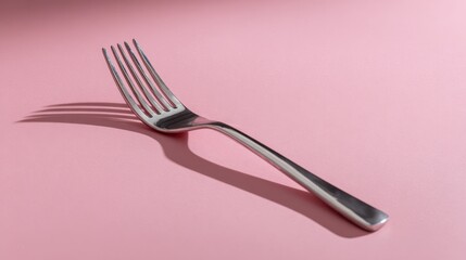 Fork's Shadows on Pink: A gleaming silver fork casts a long shadow on a soft pink surface, creating a captivating play of light and shadow