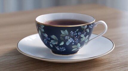 Aromatic Tea Moment: A close-up shot of a meticulously designed teacup filled with rich, dark tea, presented on a matching saucer, with a wooden table background.