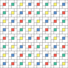 Grid of black squares on a white background, with small squares coloured in deep coral, aqua green, yellow and blue
