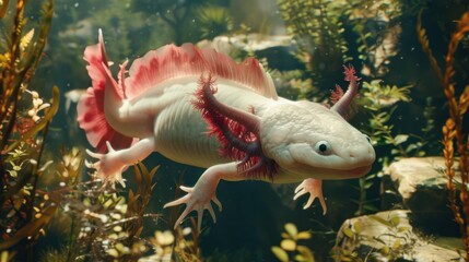 Obraz premium Axolotl swimming in aquarium