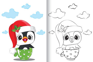 Funny winter penguin for coloring book. Line art design for kids coloring page