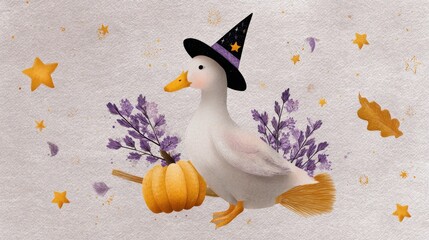 Whimsical Witch Duck: A charming illustration of a duck, adorned with a witch hat and riding a broom alongside a pumpkin, sets a fun, imaginative, and magical tone.