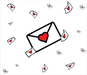 Love letters falling from a large envelope with red heart