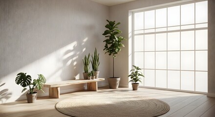 Serene Interior with Plants Wooden Bench and Natural Light Streaming Through Large Window.