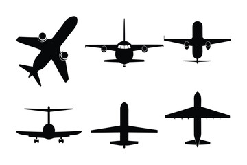 Plane Silhouette Collection: A graphic collection of plane silhouettes, perfect for conveying concepts of travel, transportation, and flight. Each silhouette presents a different perspective.