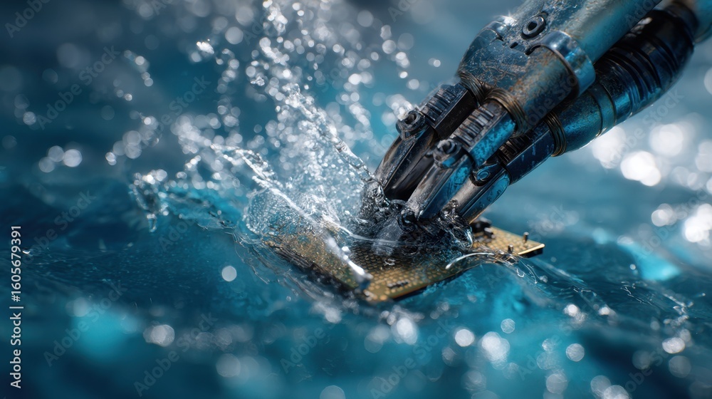 Poster metallic robotic arm smoothly navigating underwater, precisely gripping delicate microchip while gen