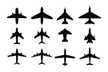 Air fleet silhouette: A collection of diverse plane silhouettes against a crisp, modern backdrop, showcasing different aircraft designs from various viewpoints.