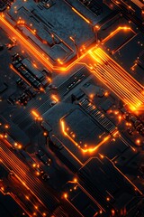 Obraz premium Futuristic abstract circuit board design featuring radiant orange edge highlights