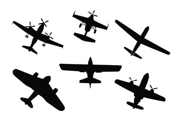 Aerial Ascent: Silhouette set of various aircraft silhouetted against an open sky, ideal for aviation, travel, or transportation themed projects, inspiring dreams of flight and global connectivity.