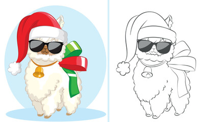 Funny Llama with santa hat and black glasses for black friday mascot.