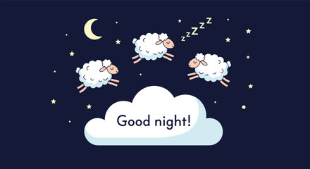 Counting sheep jumping over clouds under a starry night sky wishing a peaceful sleep