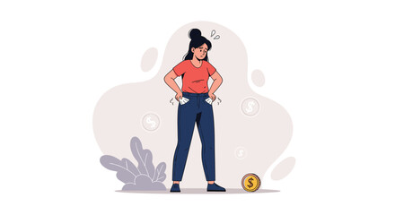 Young woman experiencing financial hardship showing empty pockets with coins scattered around her