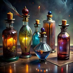 Collection of glowing magic potions in bottles
