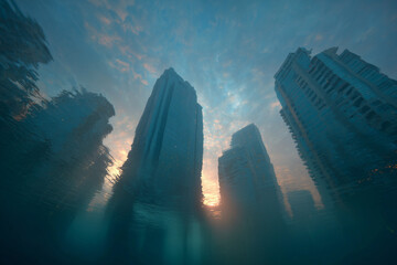 sunset over the flooded city