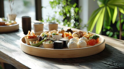 Assorted appetizers on a wooden platter.