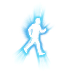 Running businessman silhouette with blue light burst on transparent background
