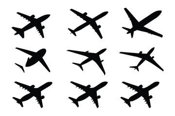 Aviation Silhouette Patterns: A dynamic array of airplane silhouettes showcases the sleek forms of flight, perfect for designs related to travel, industry, or transport.